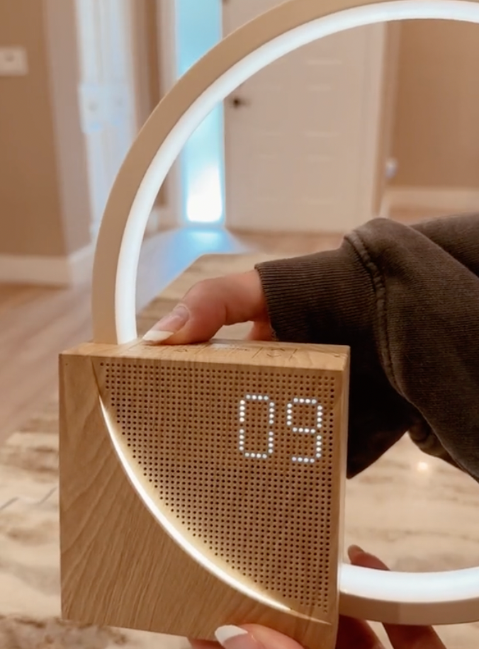 Digital clock table lamp with built-in LED ring and digital time display for bedside or shelf use