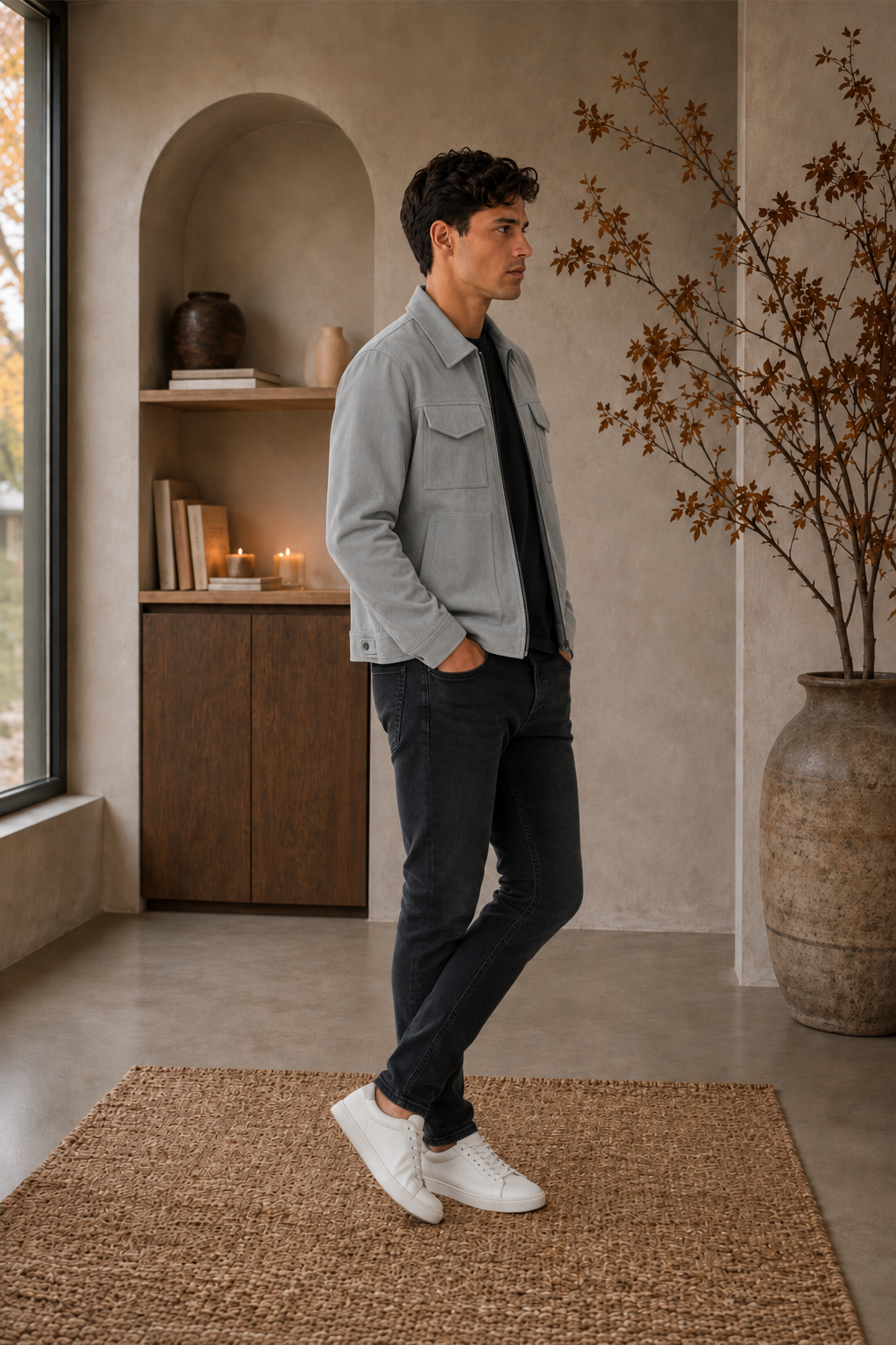 Side view of man wearing grey zip jacket