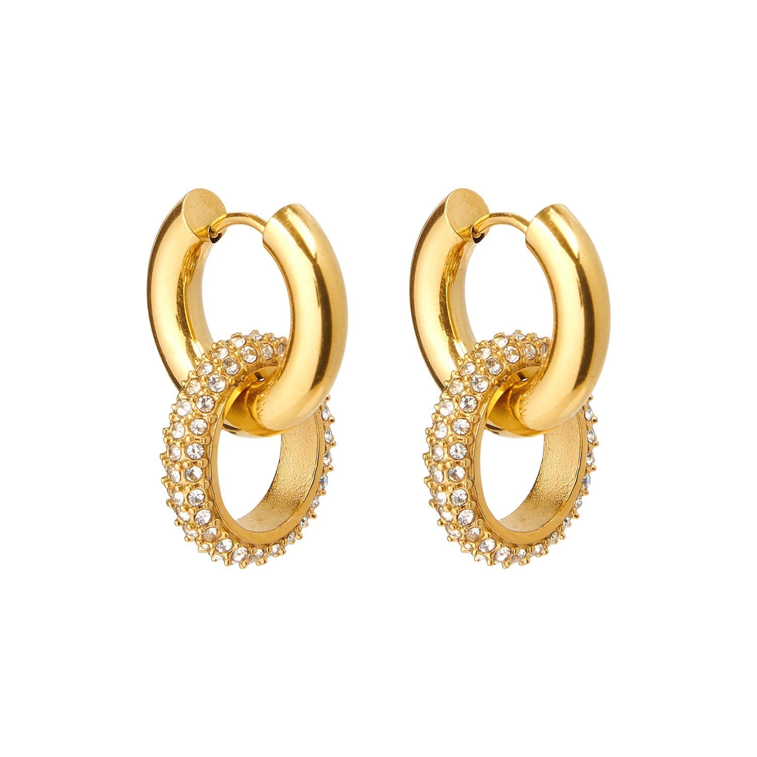 Gold-toned double hoop earrings for pierced ears shown from a side angle highlighting ring depth