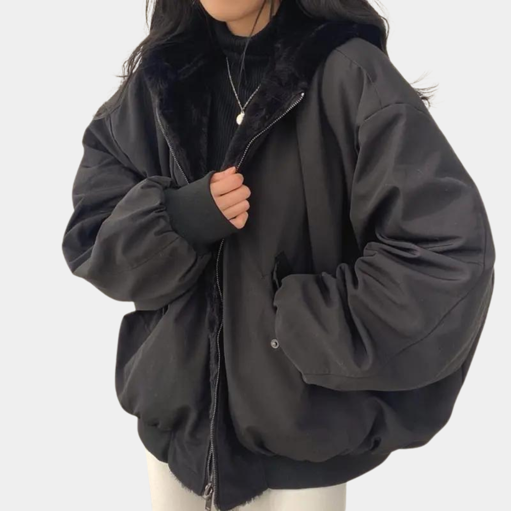 Women's oversized jacket with faux fur lining, front view, zipper closure and high collar