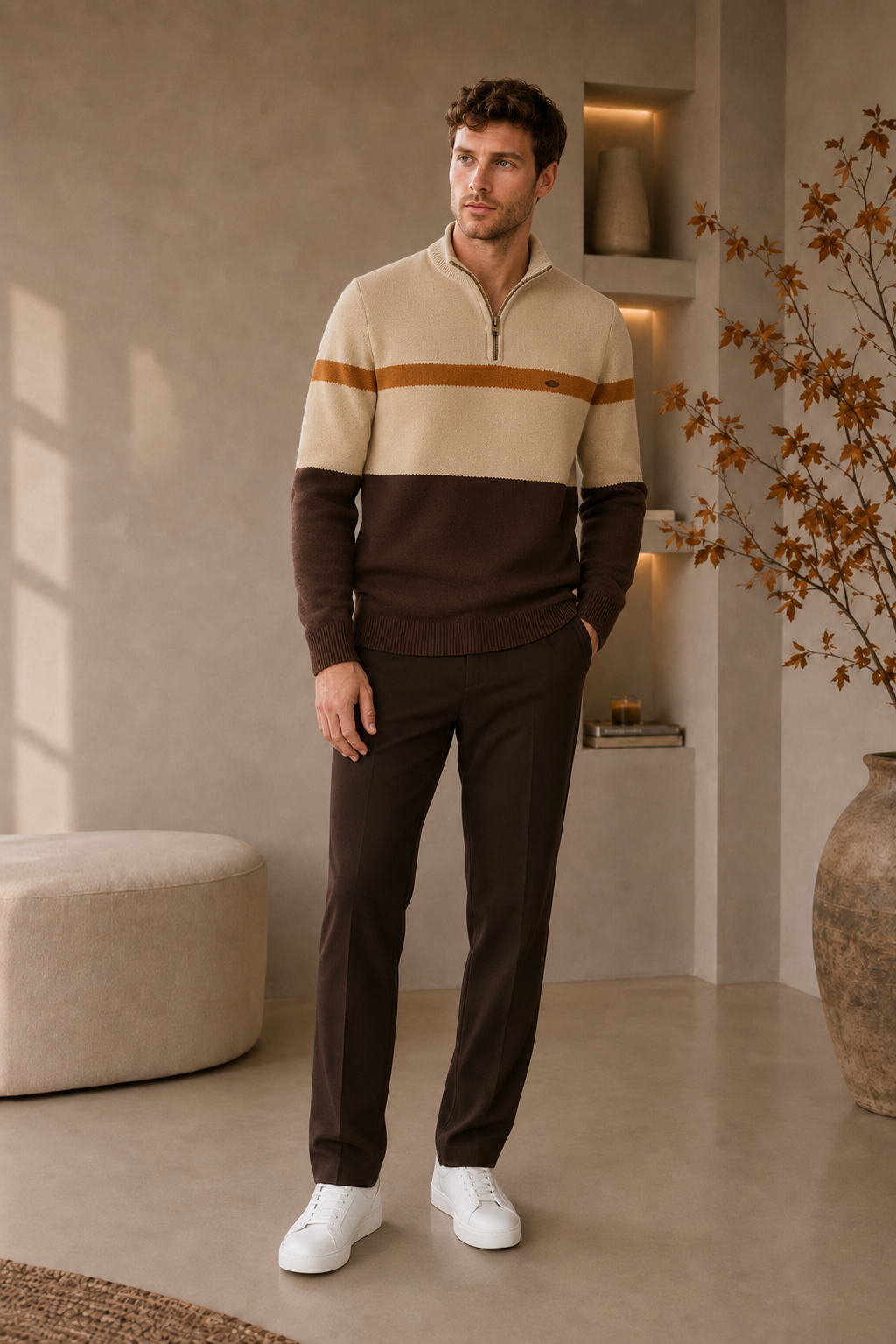 Elston Heritage men's quarter-zip sweater in brown cream