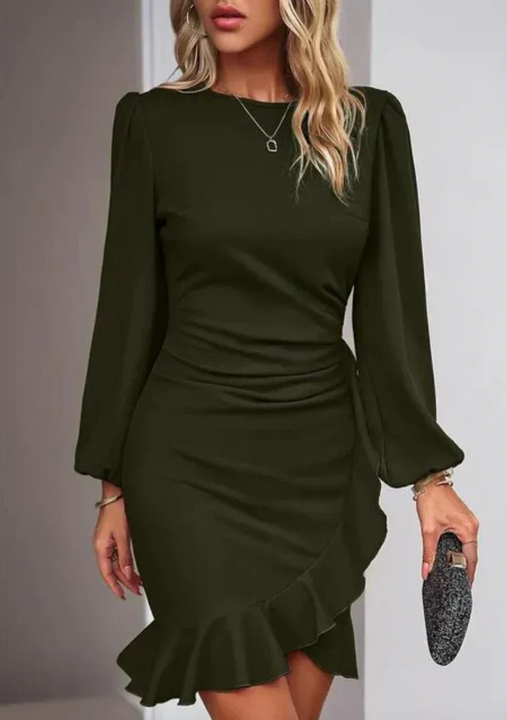 Long-sleeve midi dress for women with fluid drape and asymmetrical hem