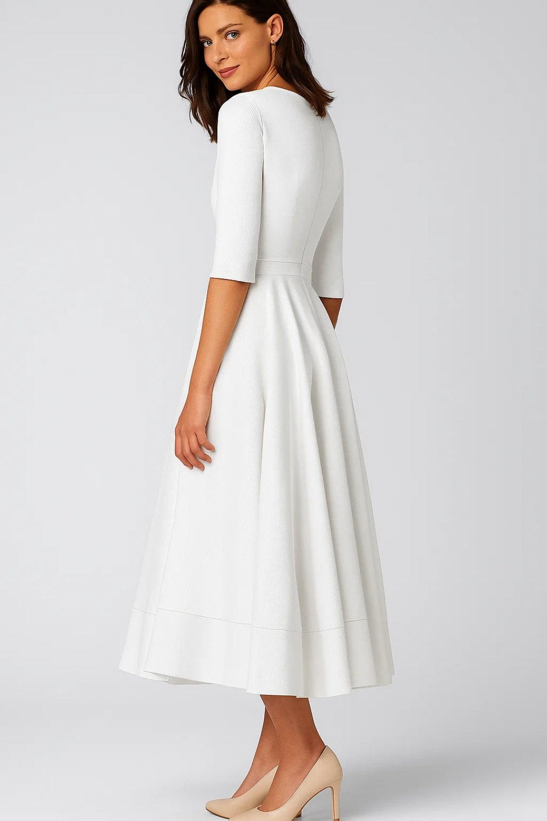 Women's V-neck midi dress with flared skirt, smooth fabric, and hidden back zipper detail