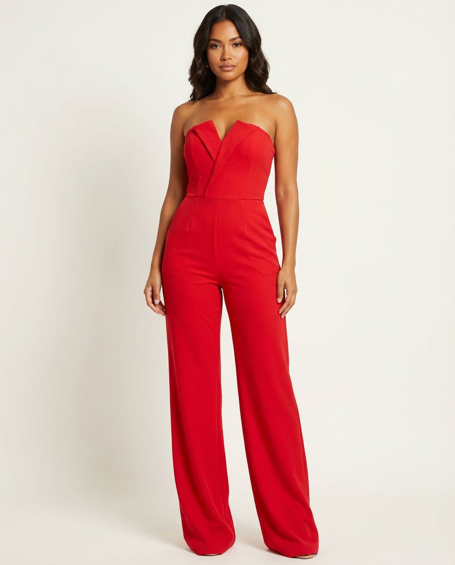 Women's strapless wide-leg jumpsuit with fitted top and relaxed wide-leg cut