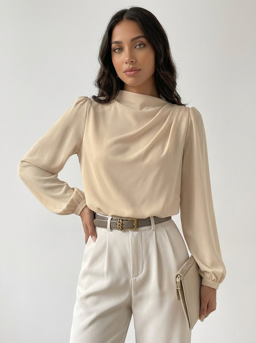 Women's high-neck draped-front blouse with long sleeves and elastic cuffs