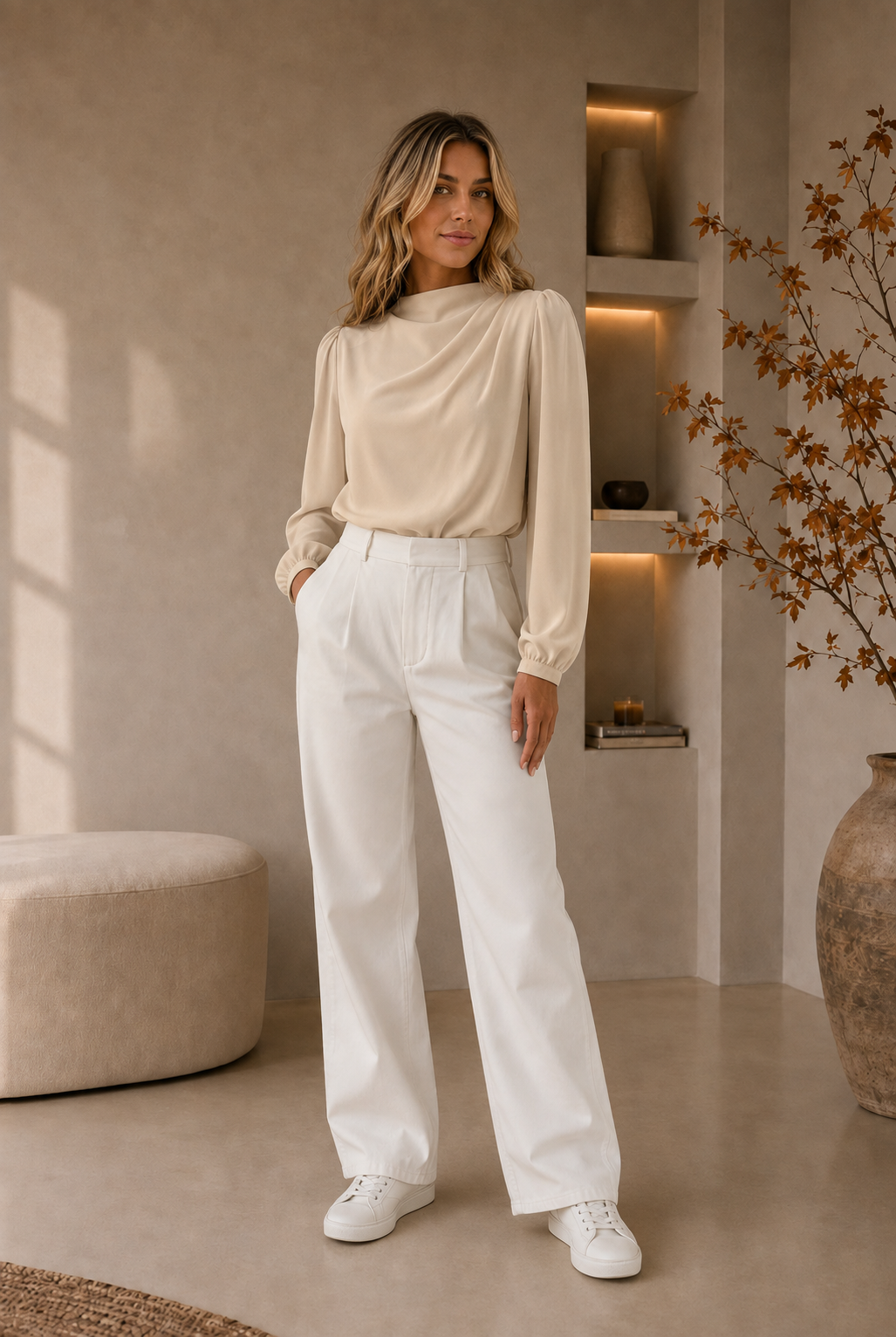 Women's high-neck draped-front blouse with long sleeves and elastic cuffs