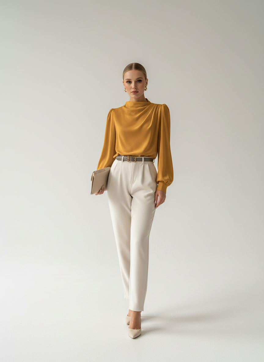 Women's woven blouse featuring a high neck, soft front drape, and long sleeves