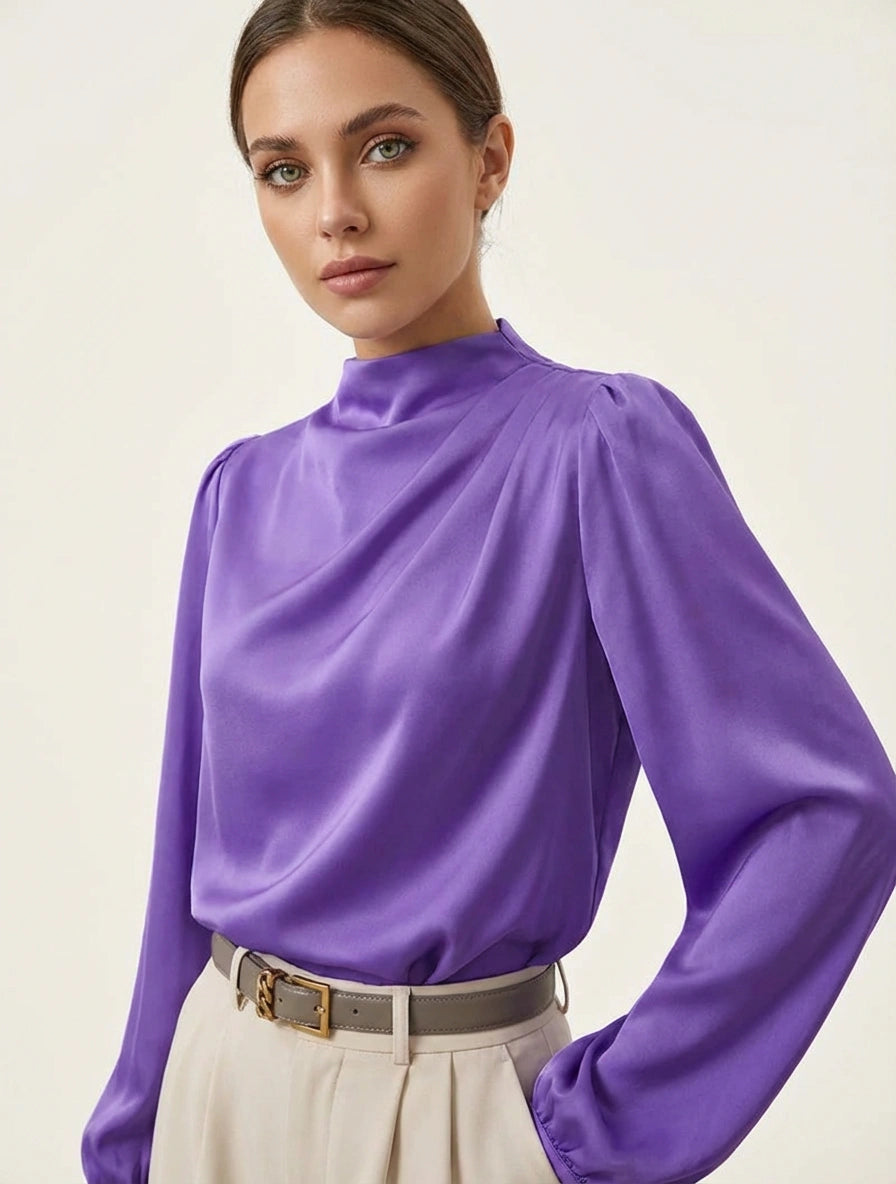 Women's woven high-neck blouse with soft front drape and long sleeves with elastic cuffs