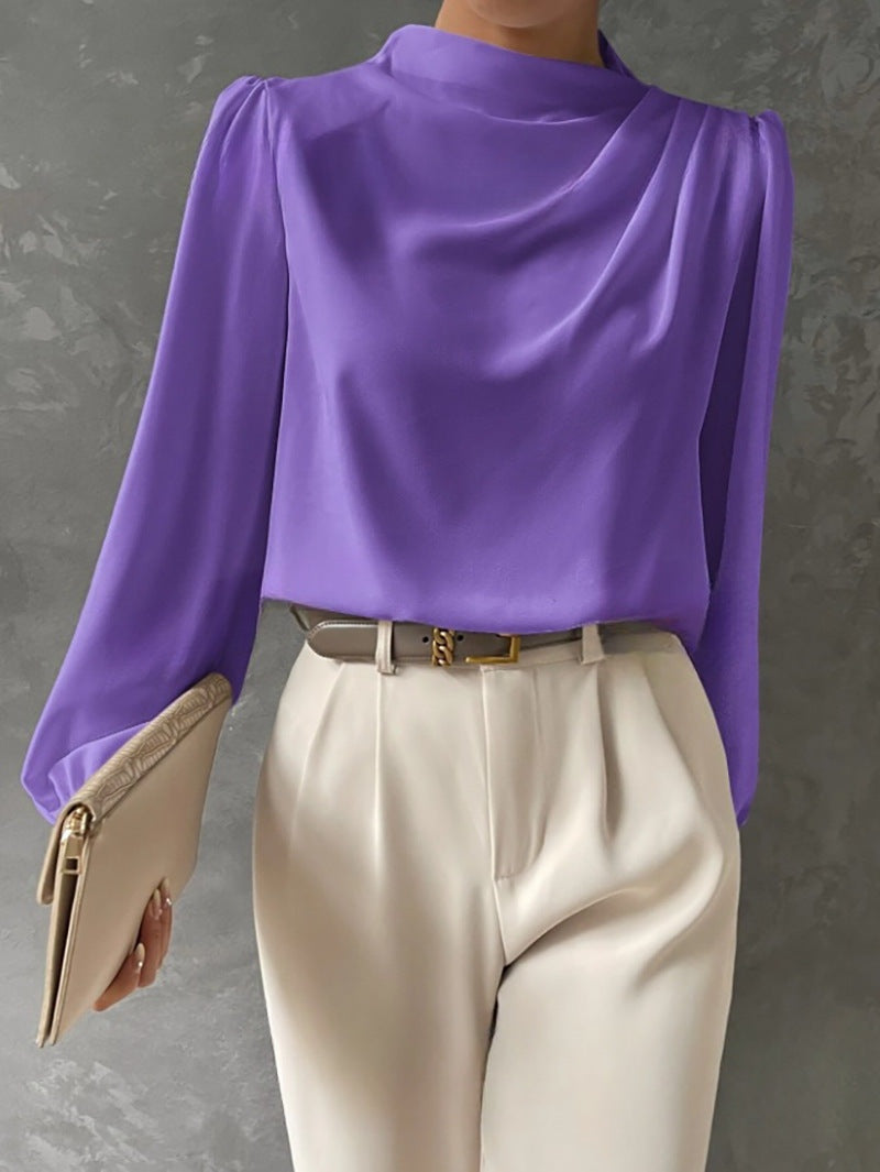 Women's high-neck blouse with draped front, regular fit, and year-round woven construction