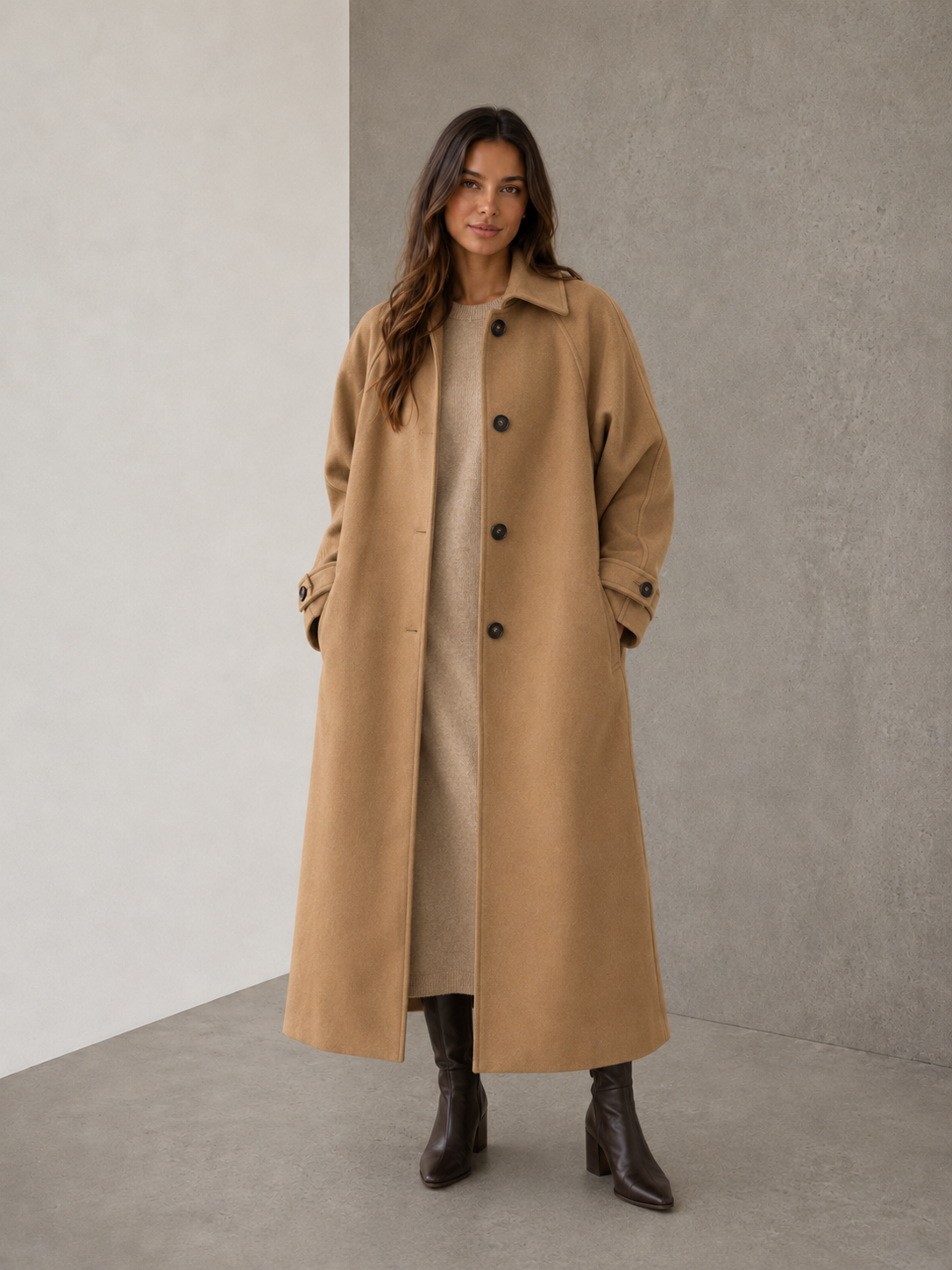 Women's khaki long buttoned polyester coat