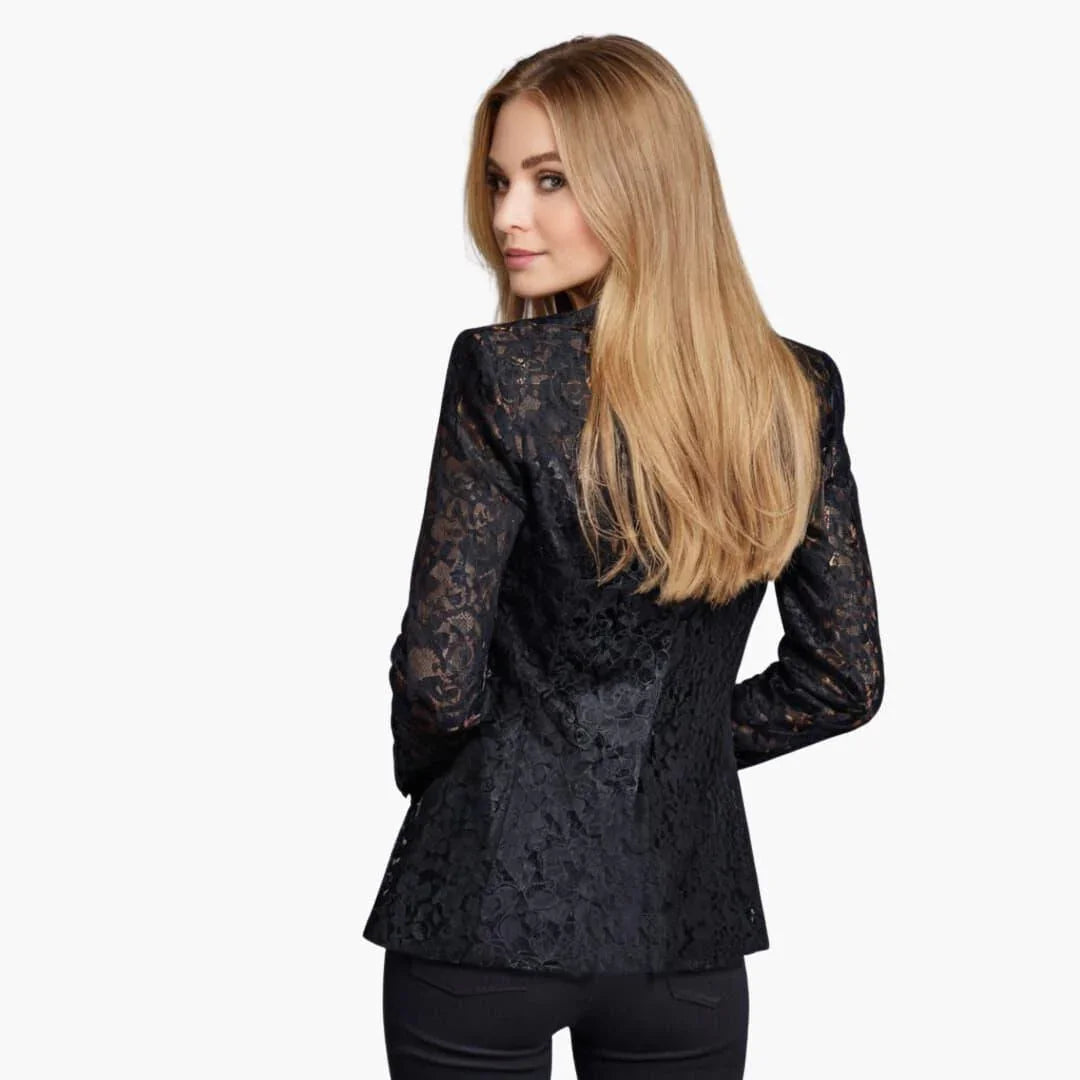 Lace and woven fabric blazer for women featuring transparent lace panels and a straight hem