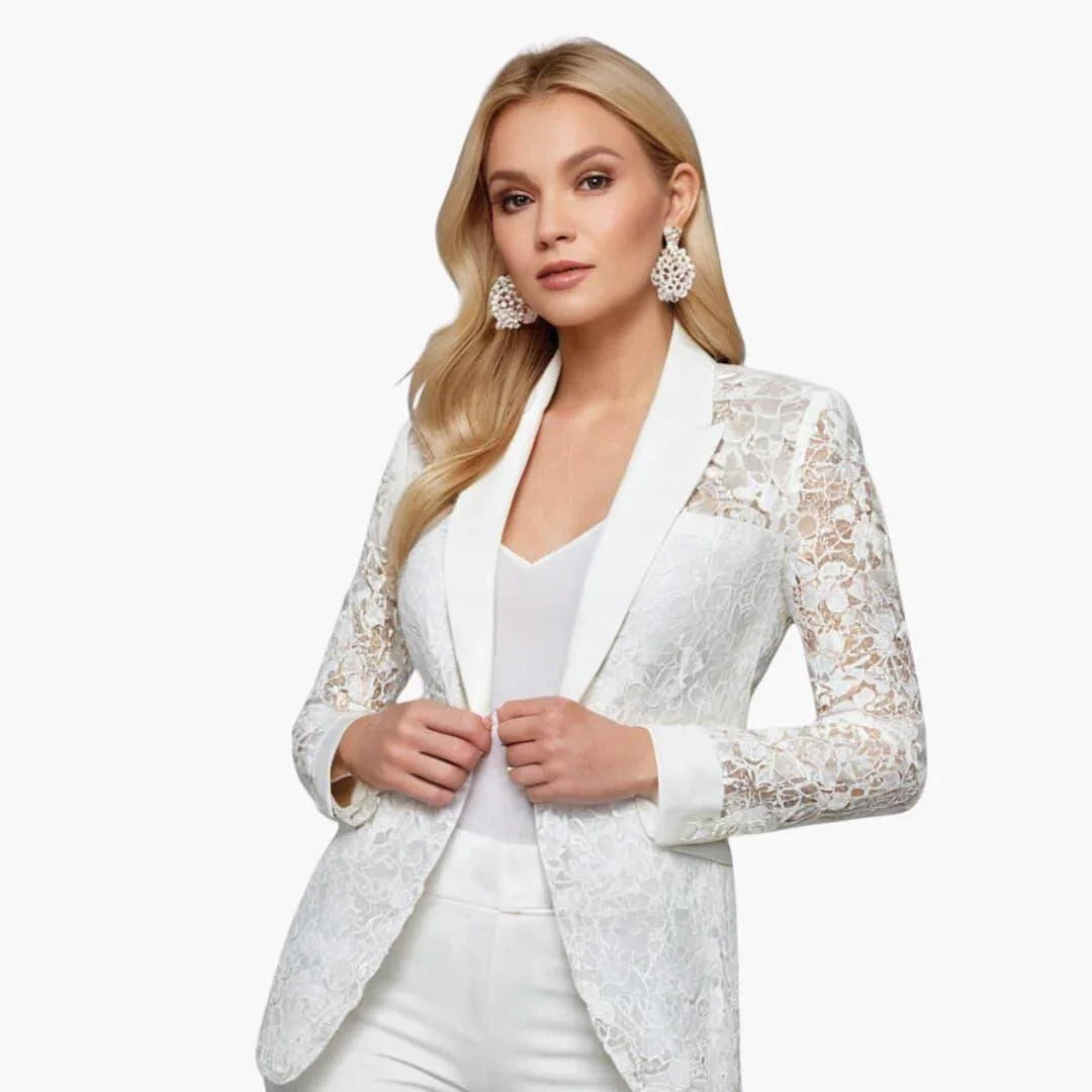 Women's structured lace blazer with panel construction, lapel collar, and fitted tailored cut