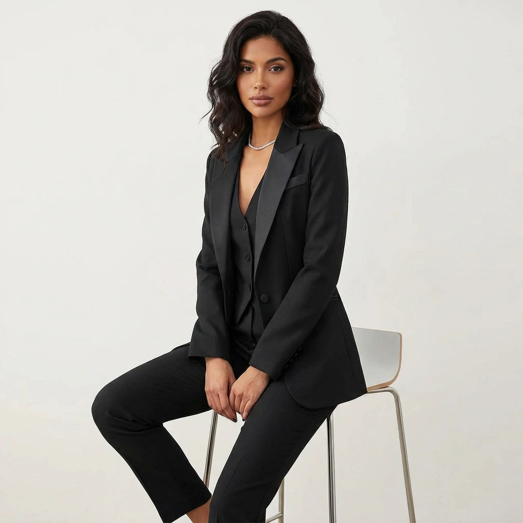 Women's three-piece suit set with single-breasted blazer, button-front vest, and straight-leg trousers