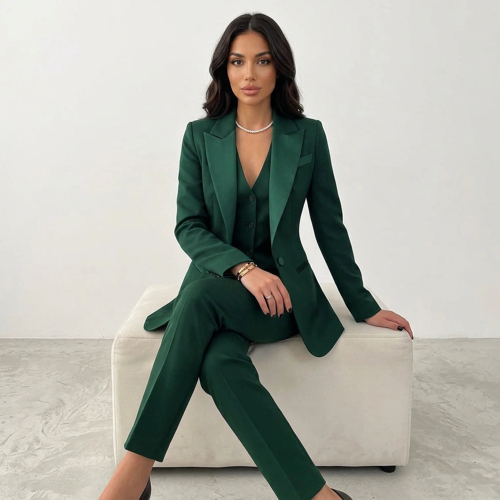 Women's three-piece suit with long-sleeve blazer, button vest, and tailored straight trousers