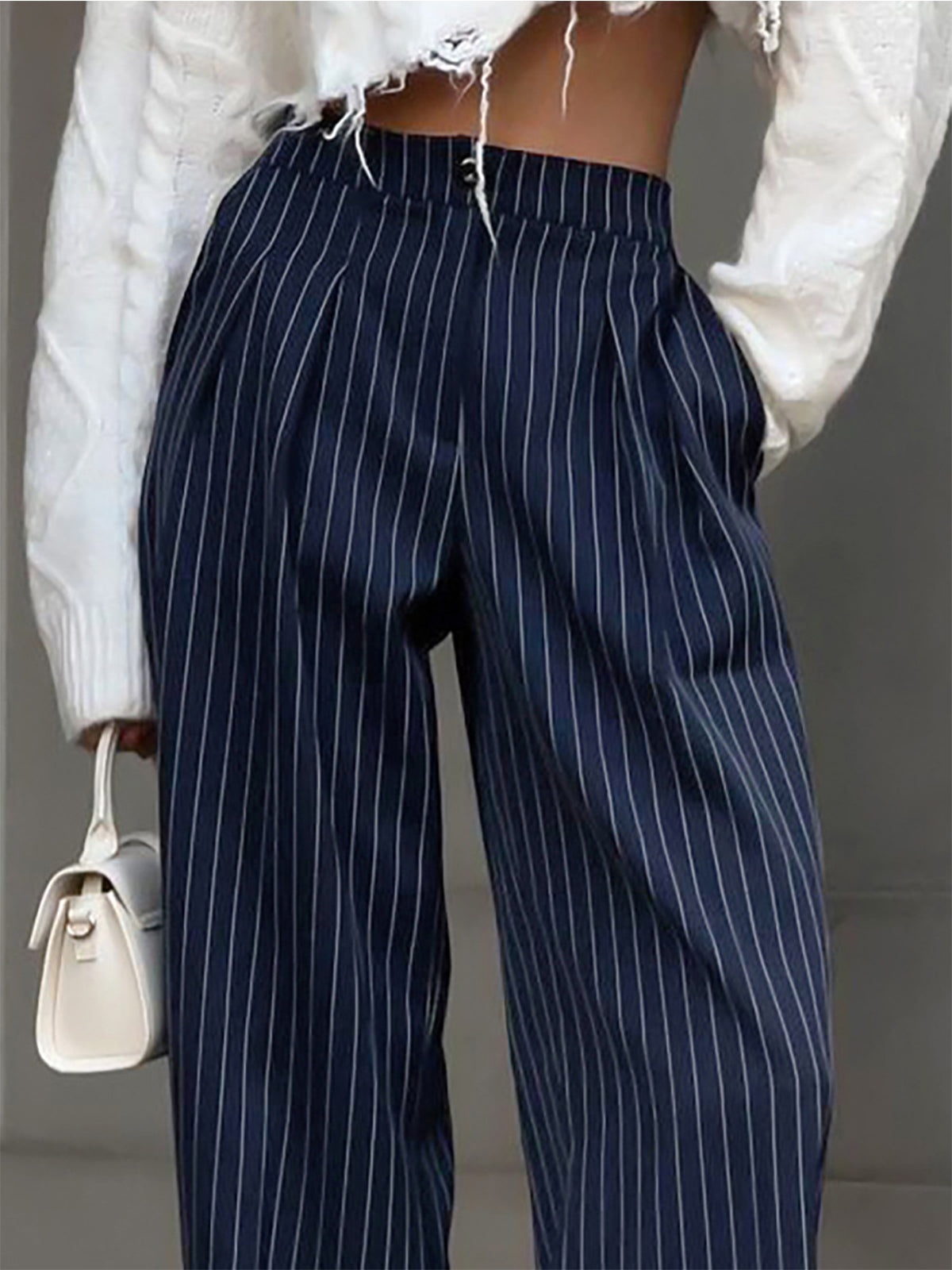 Wide-leg striped trousers for women with structured drape and tailored silhouette