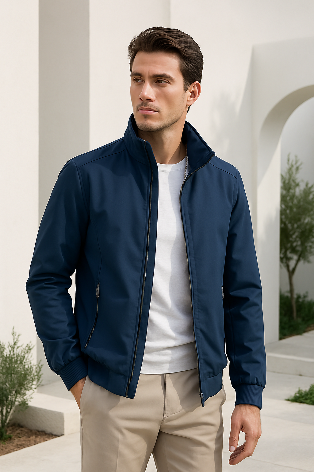 Men's casual lightweight jacket with panel construction and zippered side pockets