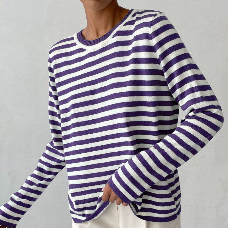 Women's striped knit top with long sleeves and a round neckline