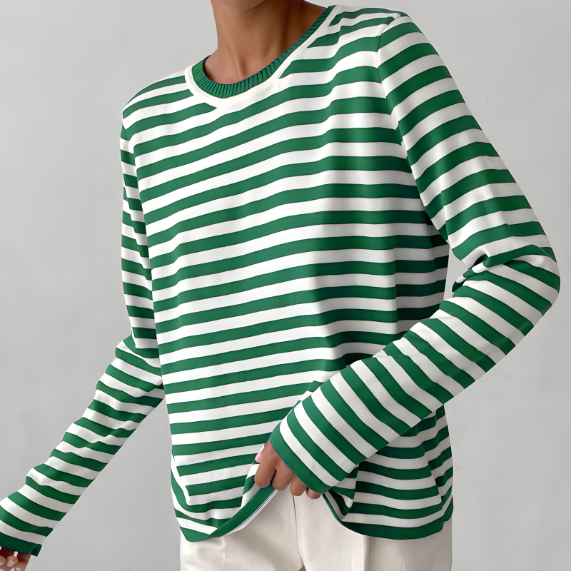 Striped knit top for women with straight hem and long sleeves