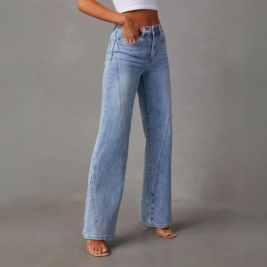Women's high-waisted straight jeans, side profile view
