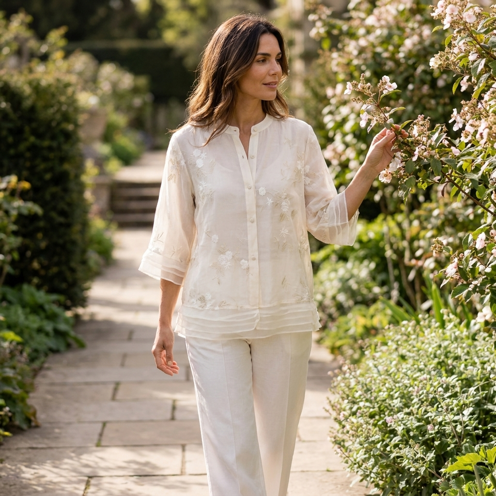 Embroidered three quarter sleeve blouse with button front