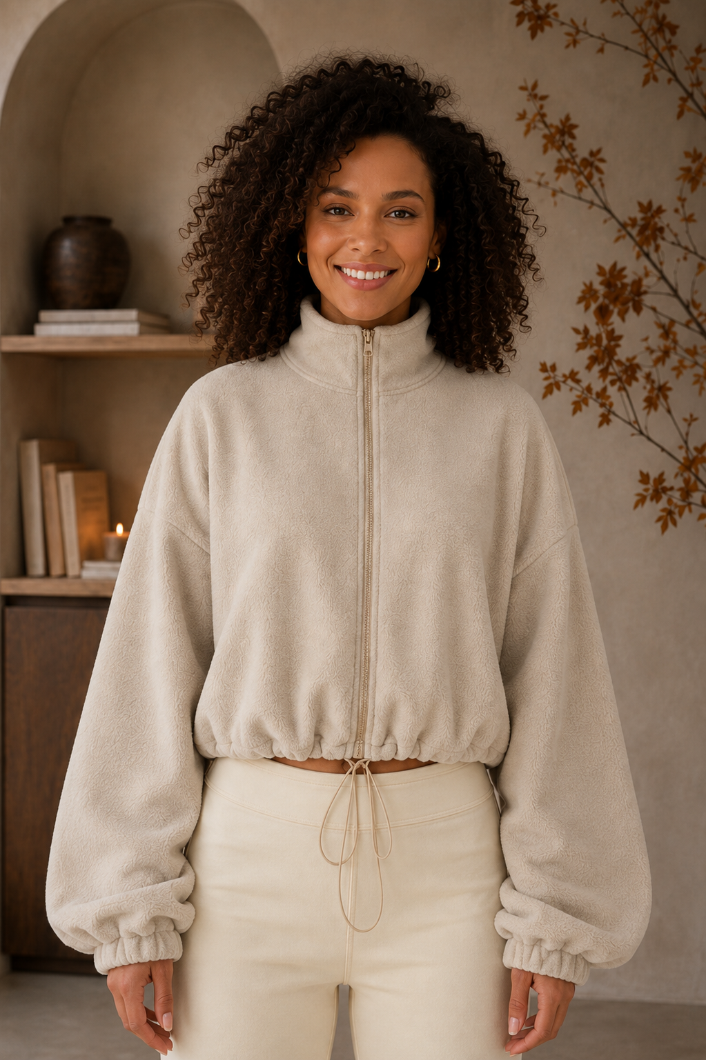 Women's taupe fleece bomber jacket front view
