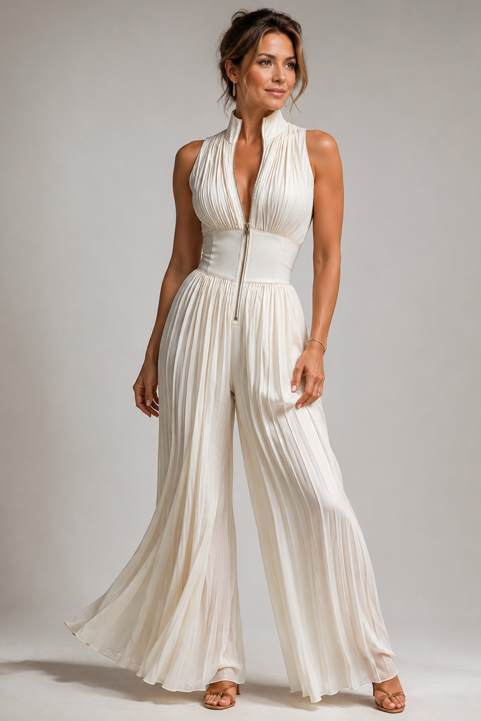 Wide leg floral jumpsuit with pleated fabric