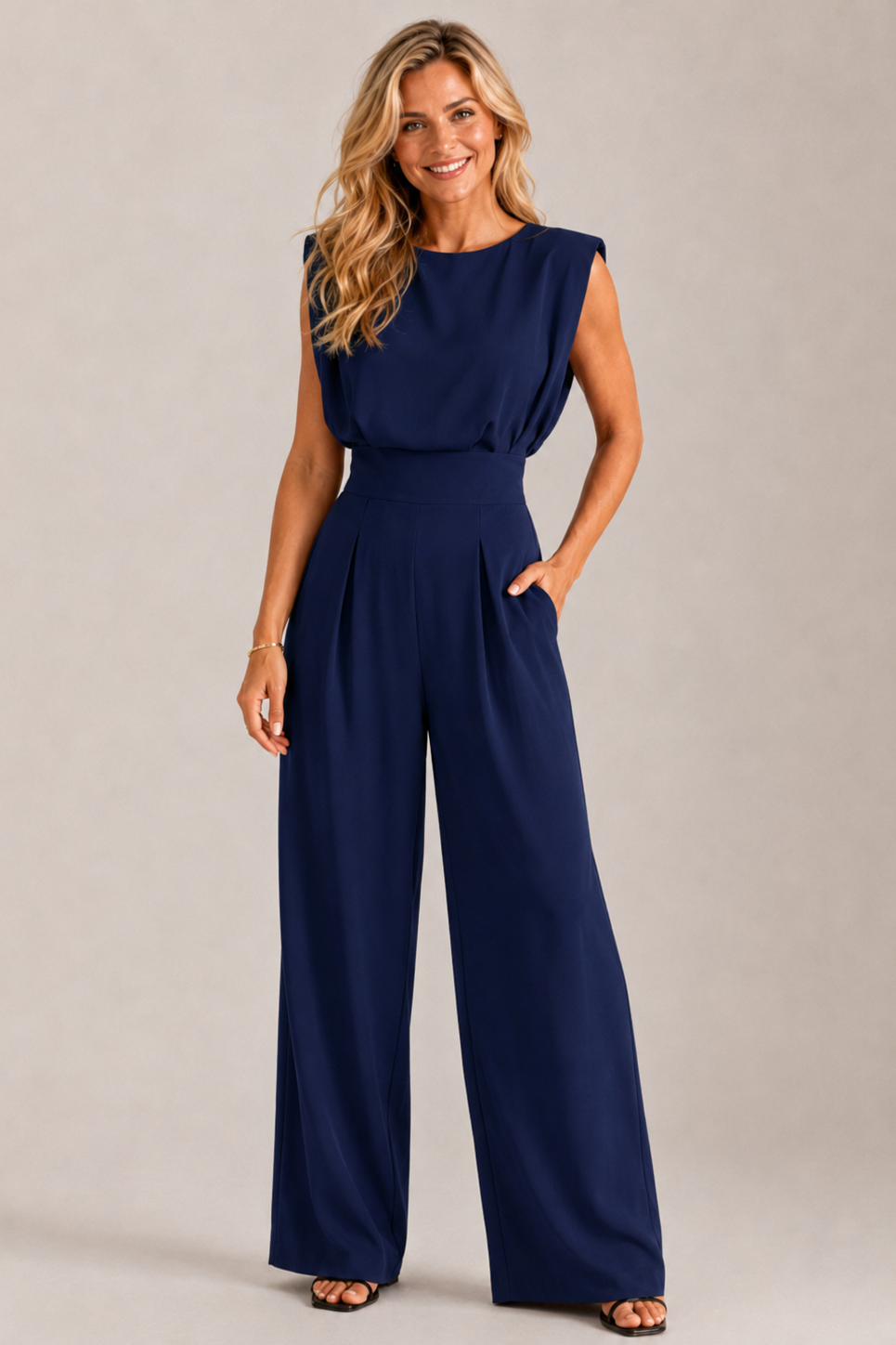 Sleeveless wide leg jumpsuit with round neckline