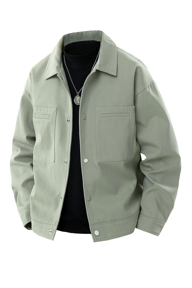Men's utility jacket with classic collar, snap closure, and panel detailing