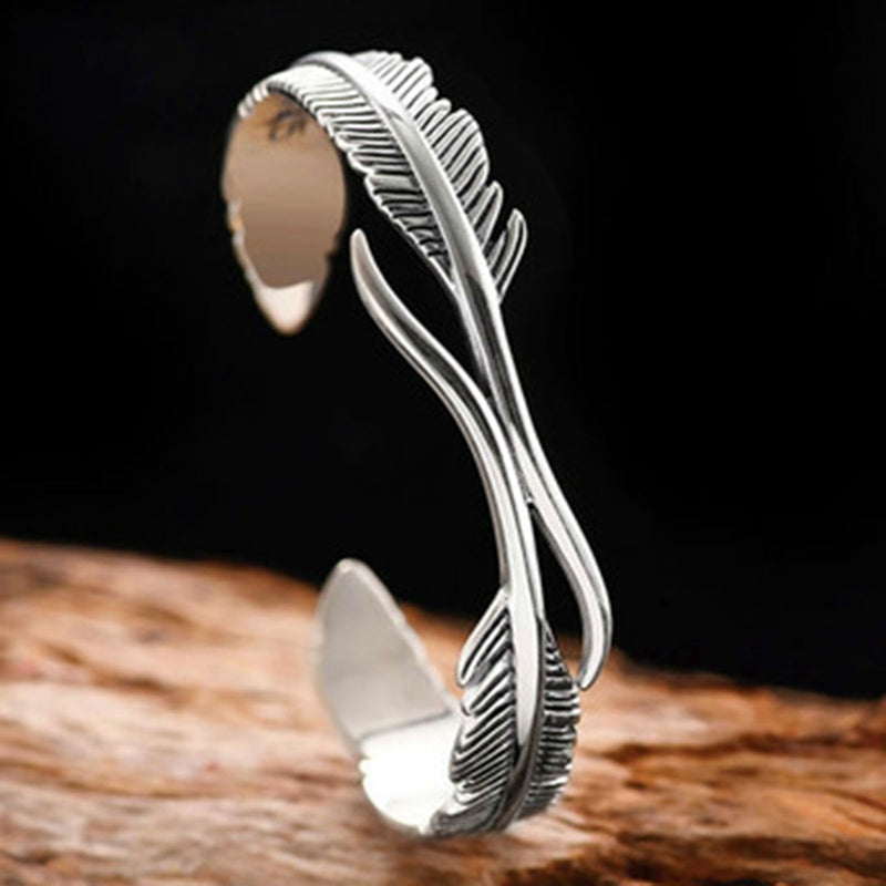 Unisex open cuff feather bracelet, side profile view