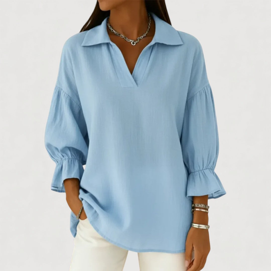 Women's elegant V-neck blouse with 3/4 puff sleeves and elastic cuffs