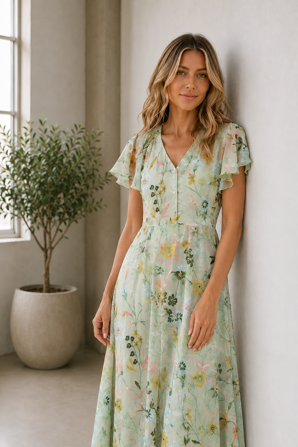 Women's floral maxi dress with short flutter sleeves