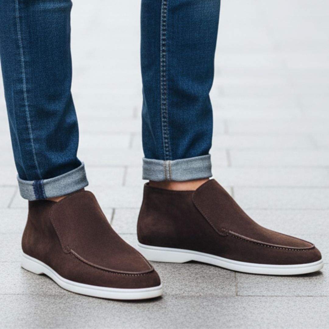 Men's suede slip-on sneakers in dark brown — low-cut loafer style with rubber sole