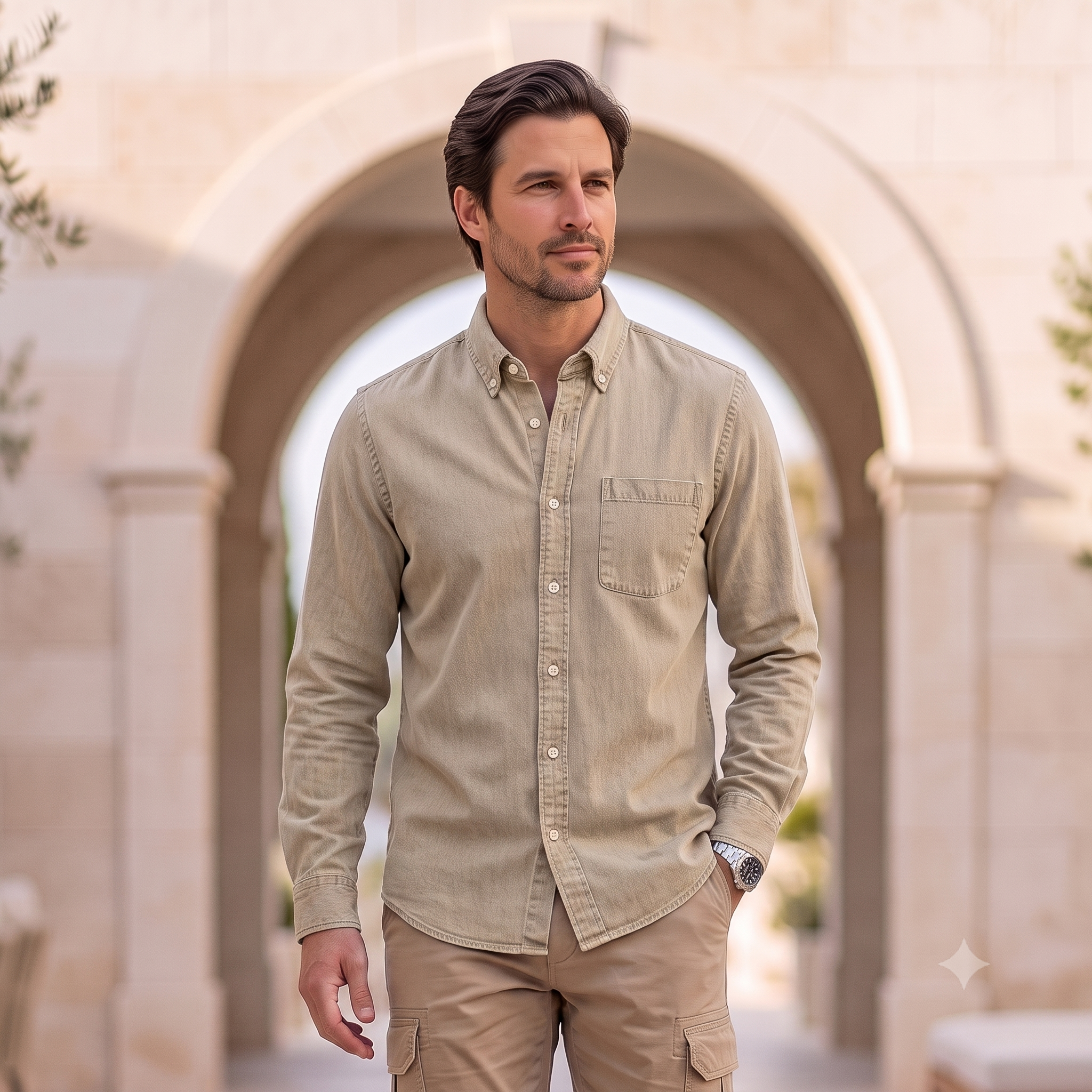 Men's denim shirt with a straight silhouette, chest pocket, and front button closure