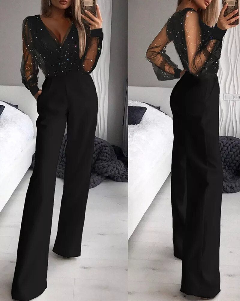 Women's woven jumpsuit with sheer mesh long sleeves and wide-leg silhouette