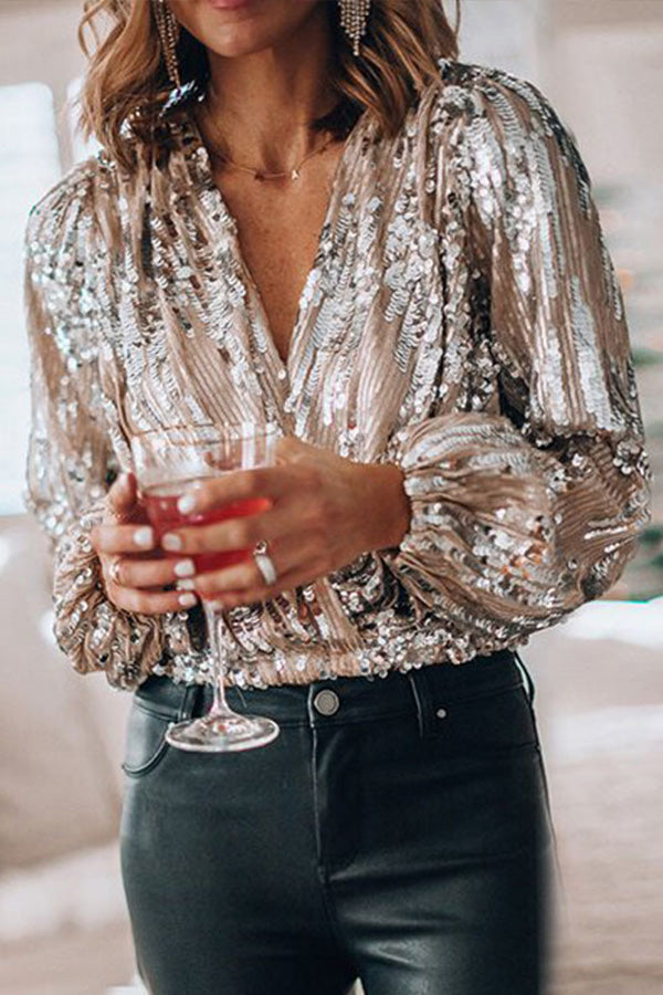 Women's woven long-sleeve sequin blouse with V-neck, front view