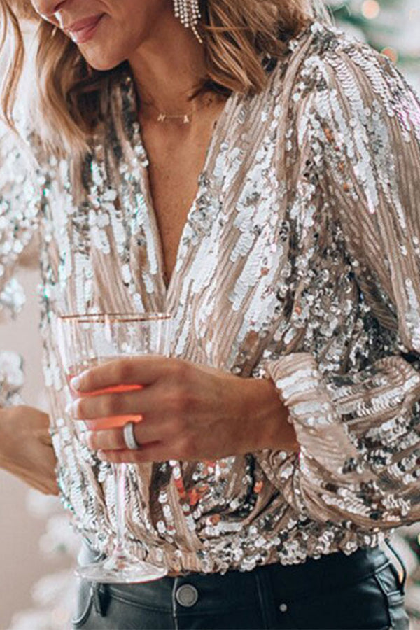Long-sleeve sequin blouse for women showing full-length silhouette