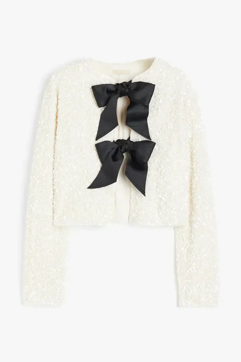 Structured short jacket with decorative bow details, front view, women's outerwear