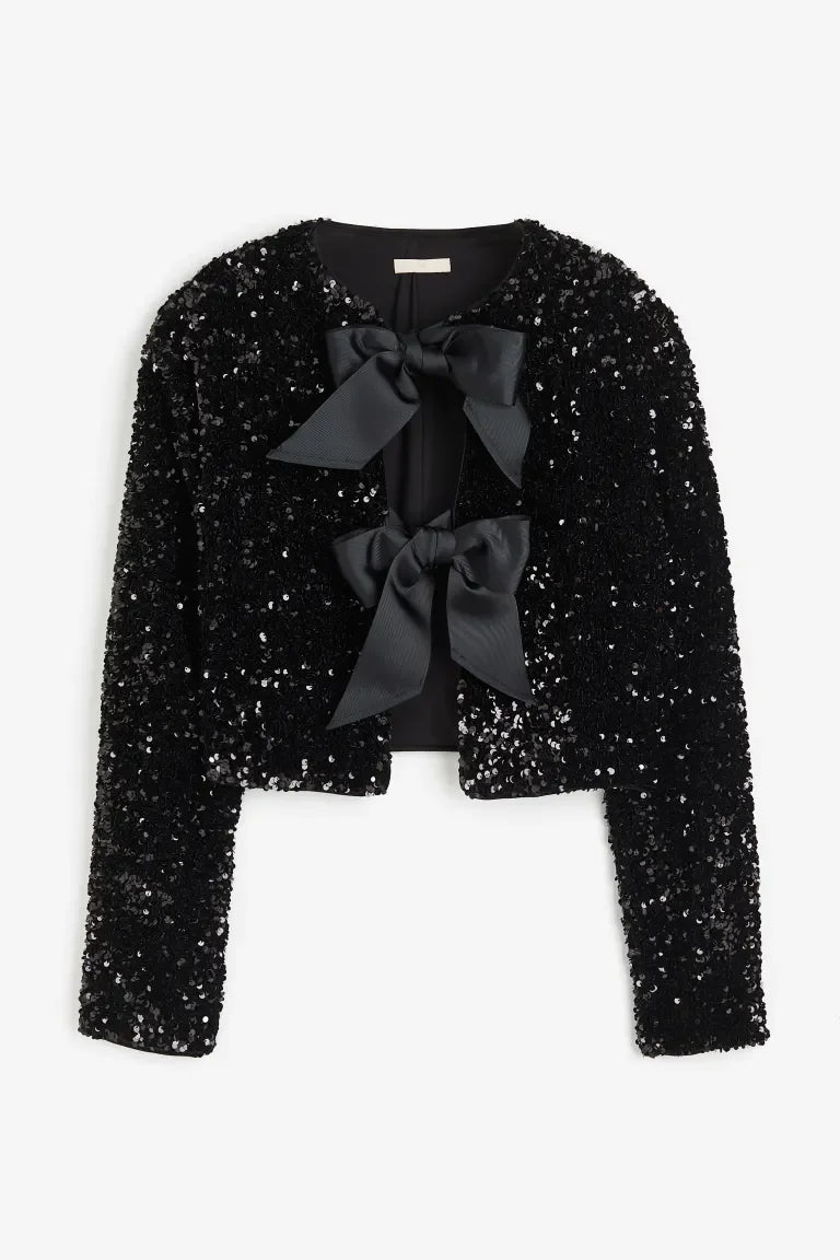Short structured jacket with bow details for women, front view