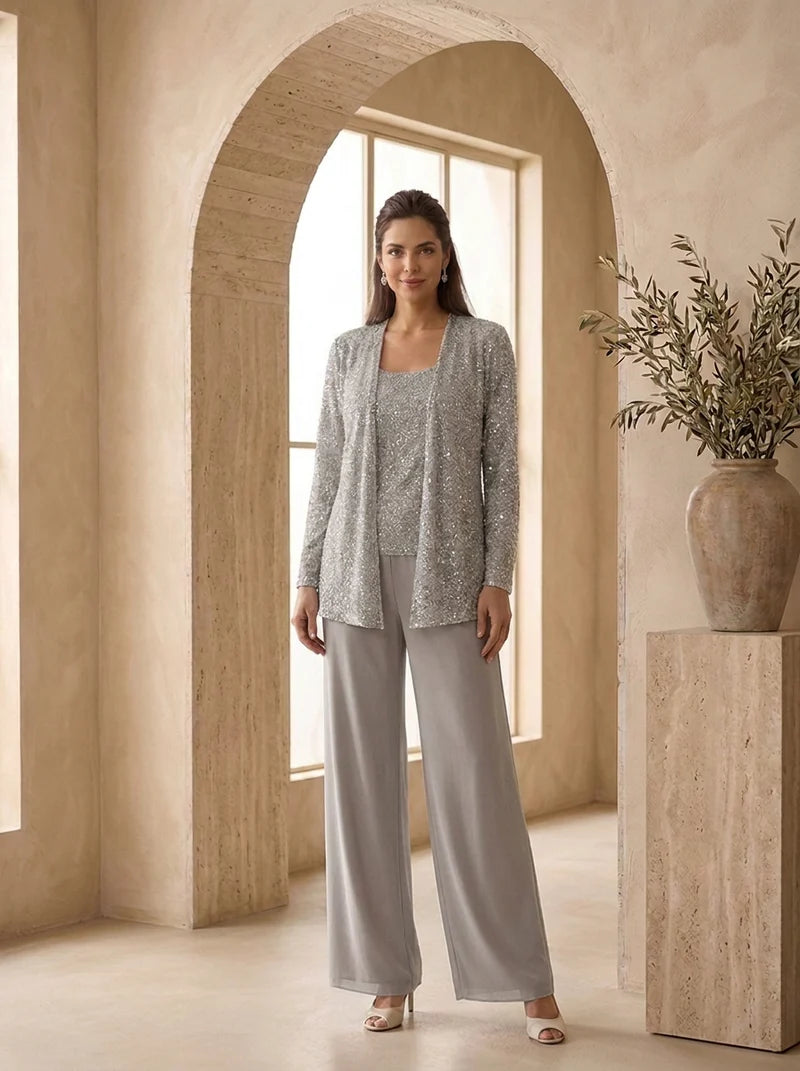 Grey three-piece evening set with wide leg trousers women