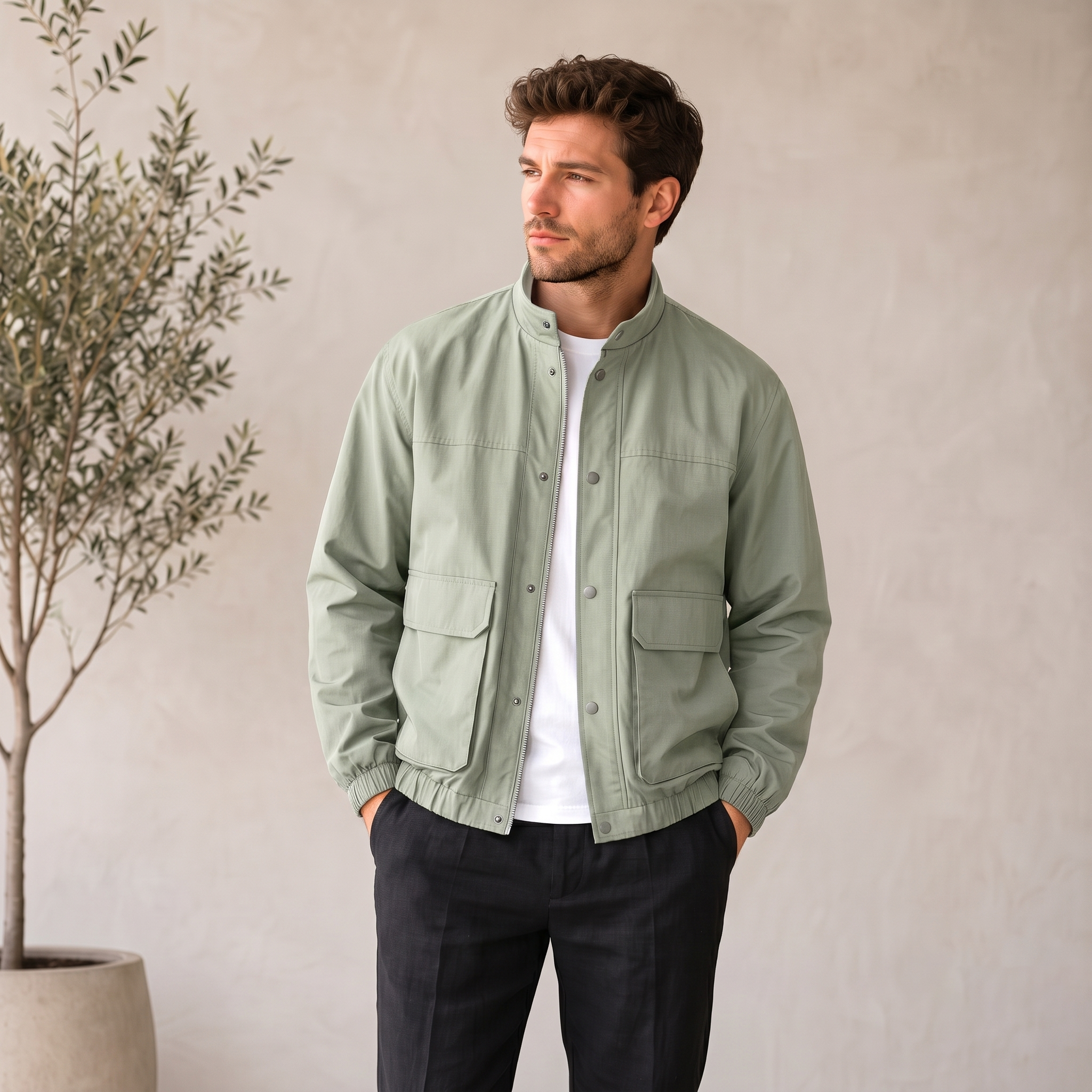 Men's everyday jacket with snap front closure and minimalist styling