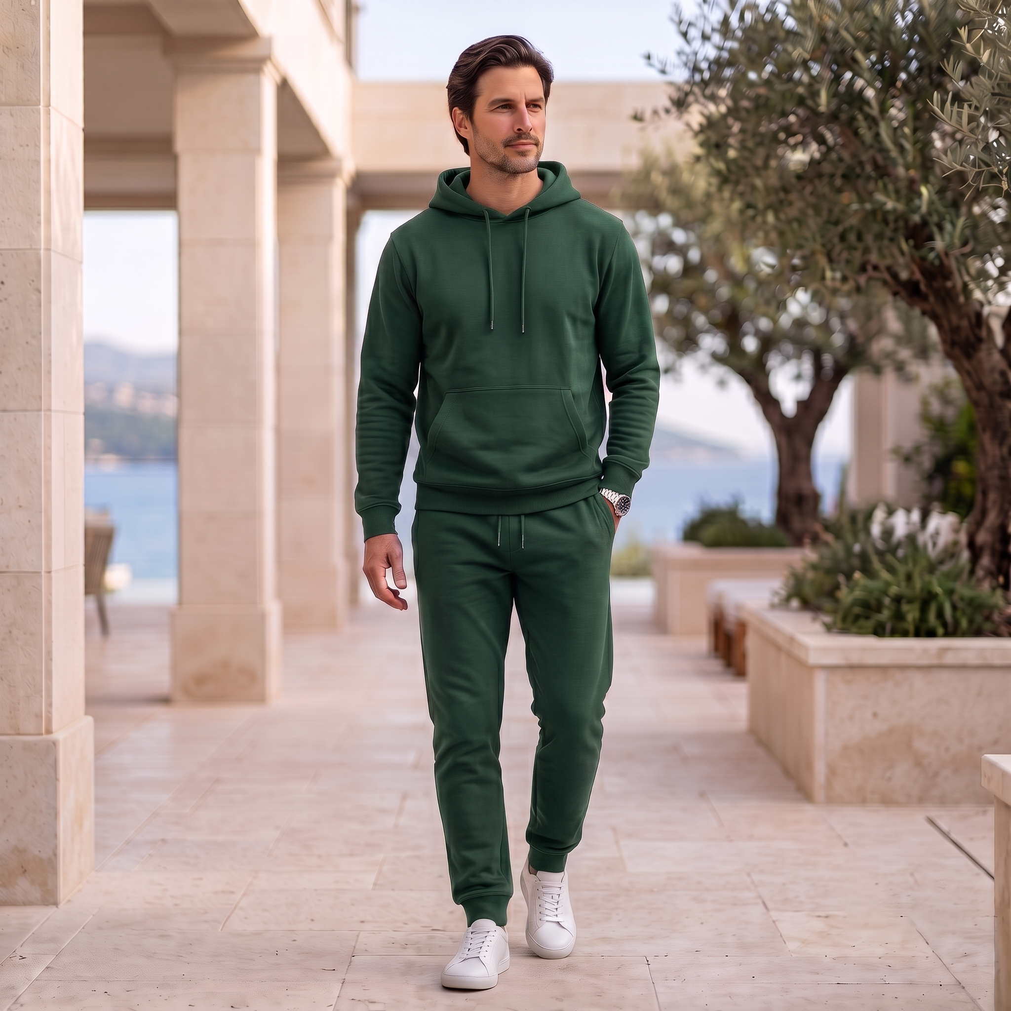 Men's matching hoodie and joggers set featuring a structured hood, front kangaroo pocket, and tapered trousers with elastic drawstring waist