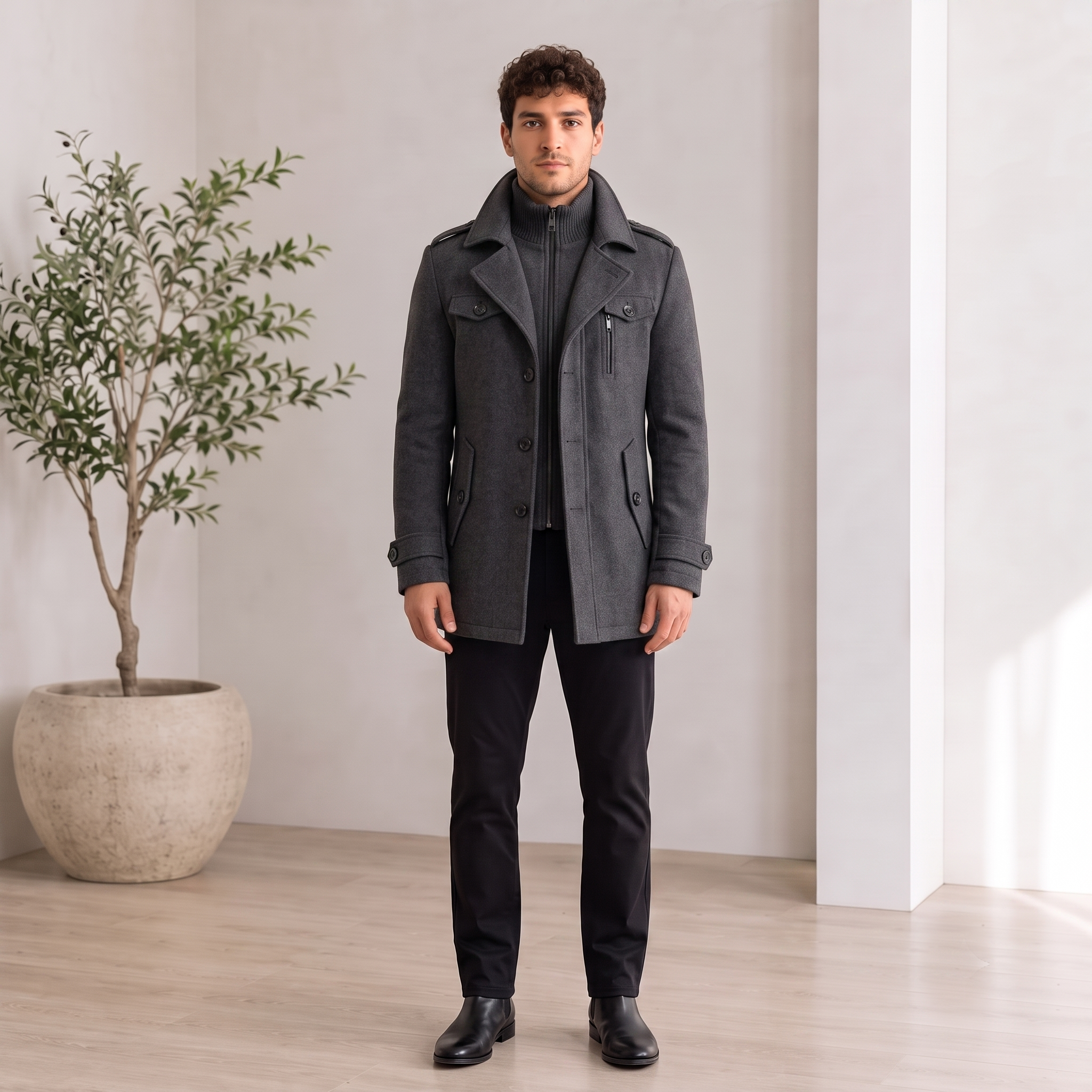 Men's waist-length coat with smooth dense wool blend surface and regular fit
