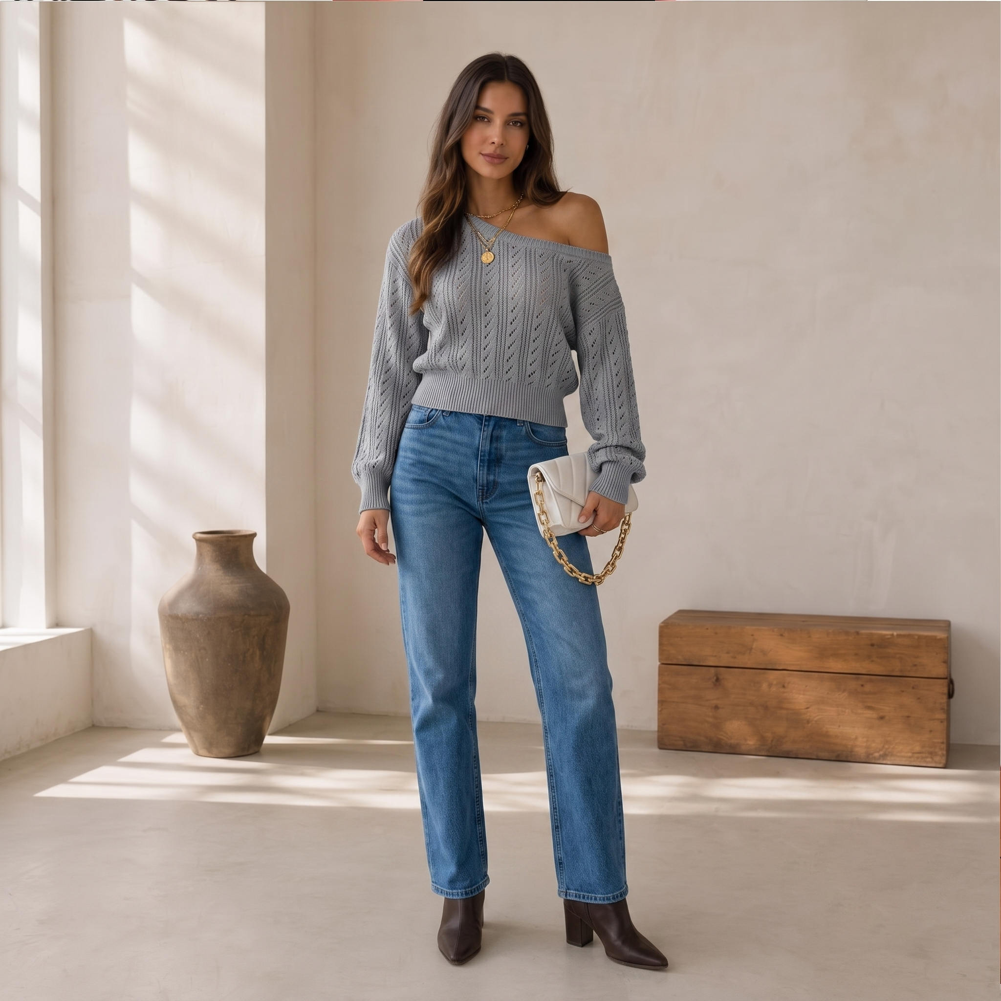 Women's cropped knit sweater with off-shoulder neckline and pointelle detail