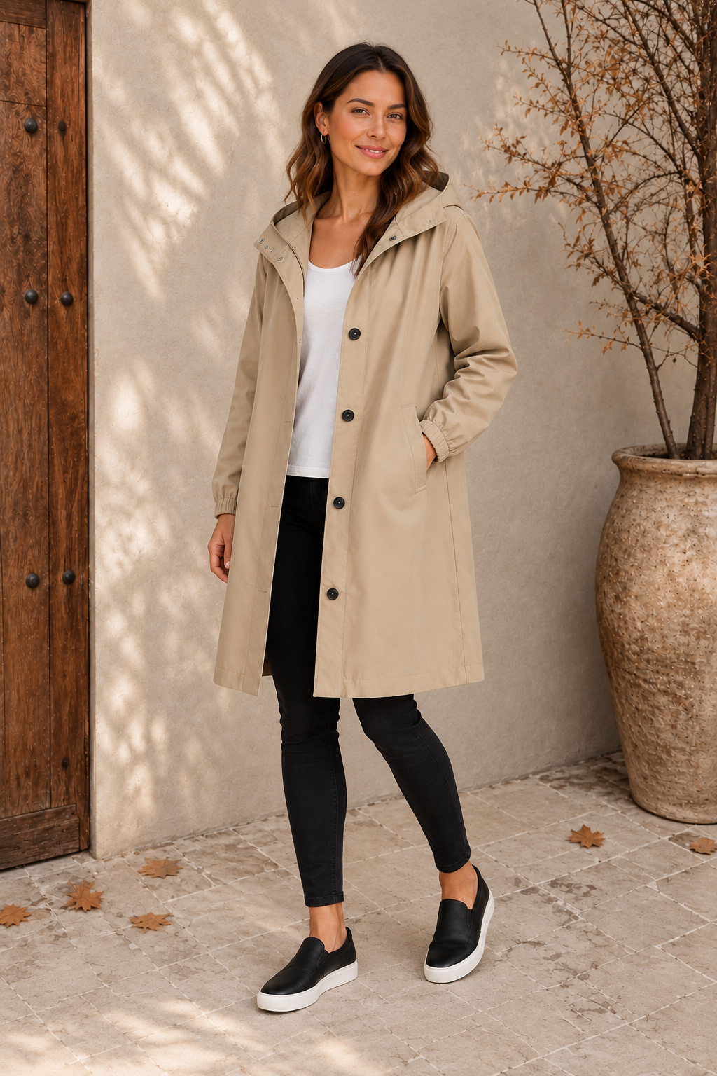 Lightweight mid-length khaki raincoat women front view