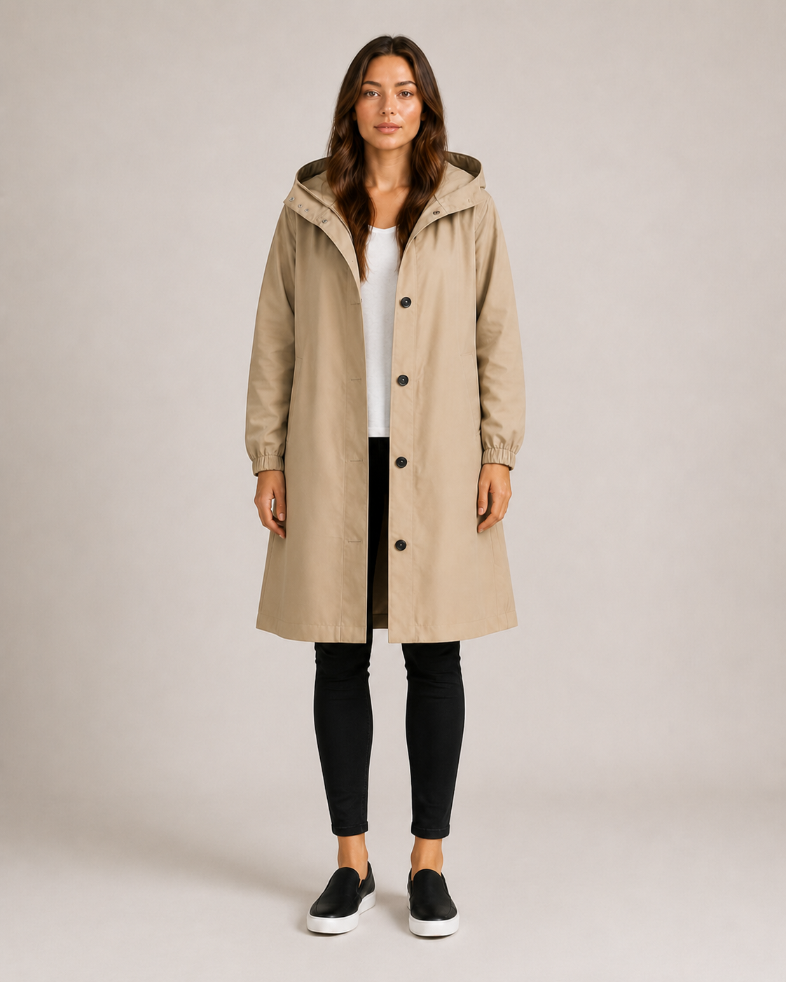 Khaki fitted raincoat women full-length front view