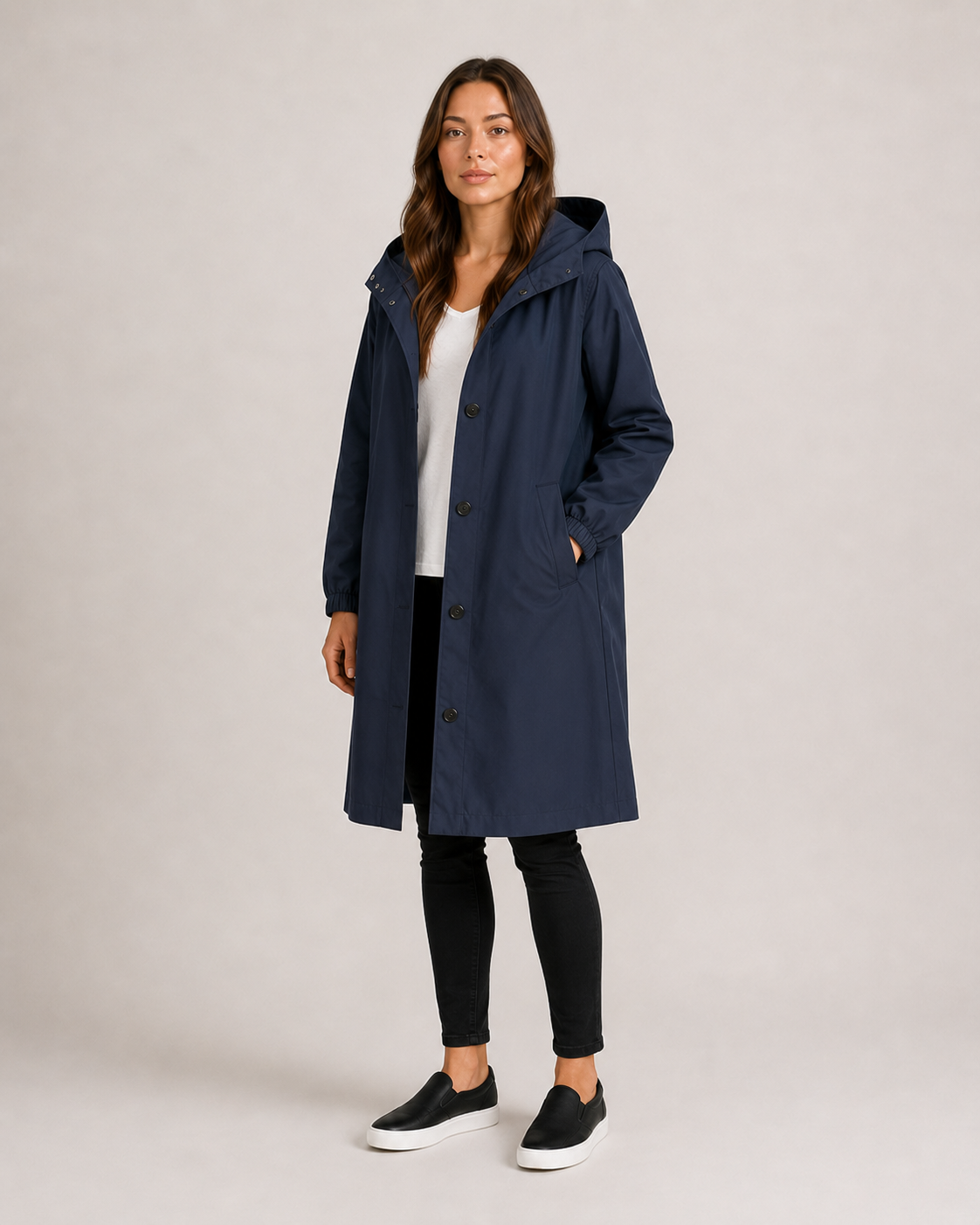 Navy blue mid-length raincoat women front view
