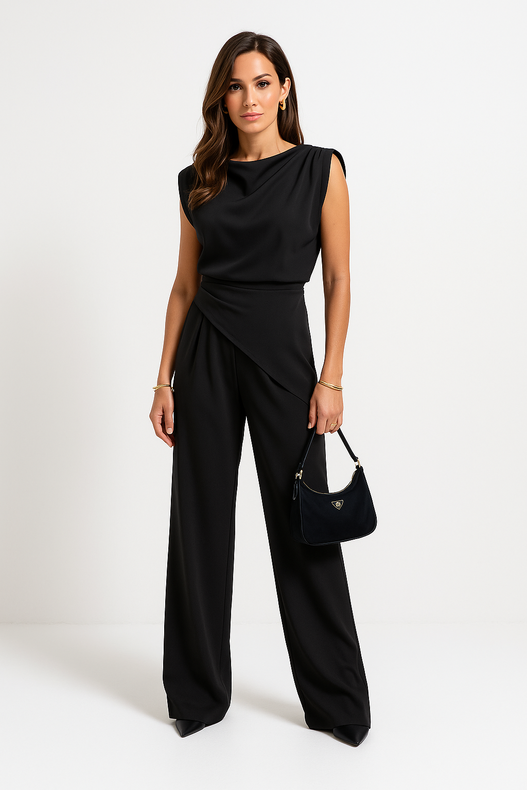 Women's sleeveless two-piece set featuring a draped top and high-waist wide-leg pants