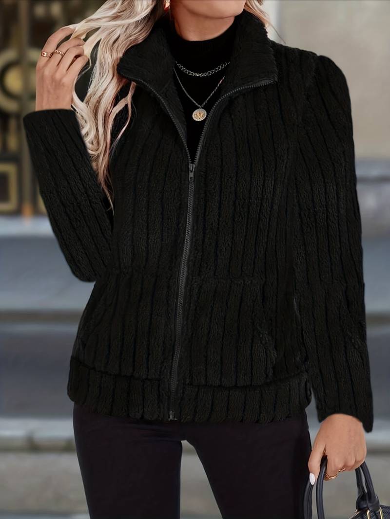 Women's zip jacket with high collar and textured polyester blend fabric in a hip-length cut