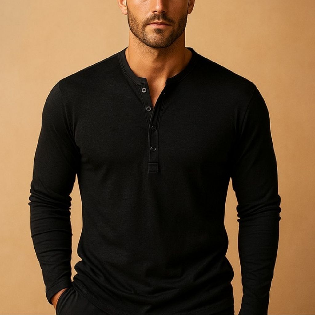 Close-up of Henley button placket and round neckline on men's long-sleeved shirt