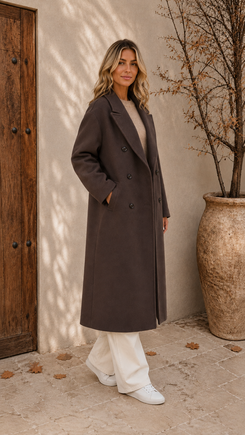 Brown women's oversized coat styled for a polished city look